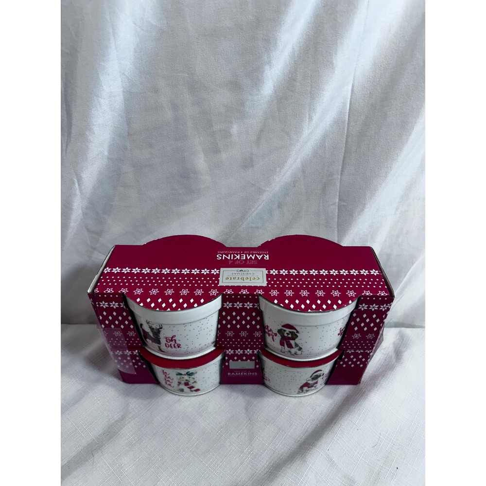 Celebrate Christmas Ciroa Ramekins Set of 4 White Red Dog Holiday Porcelain New
